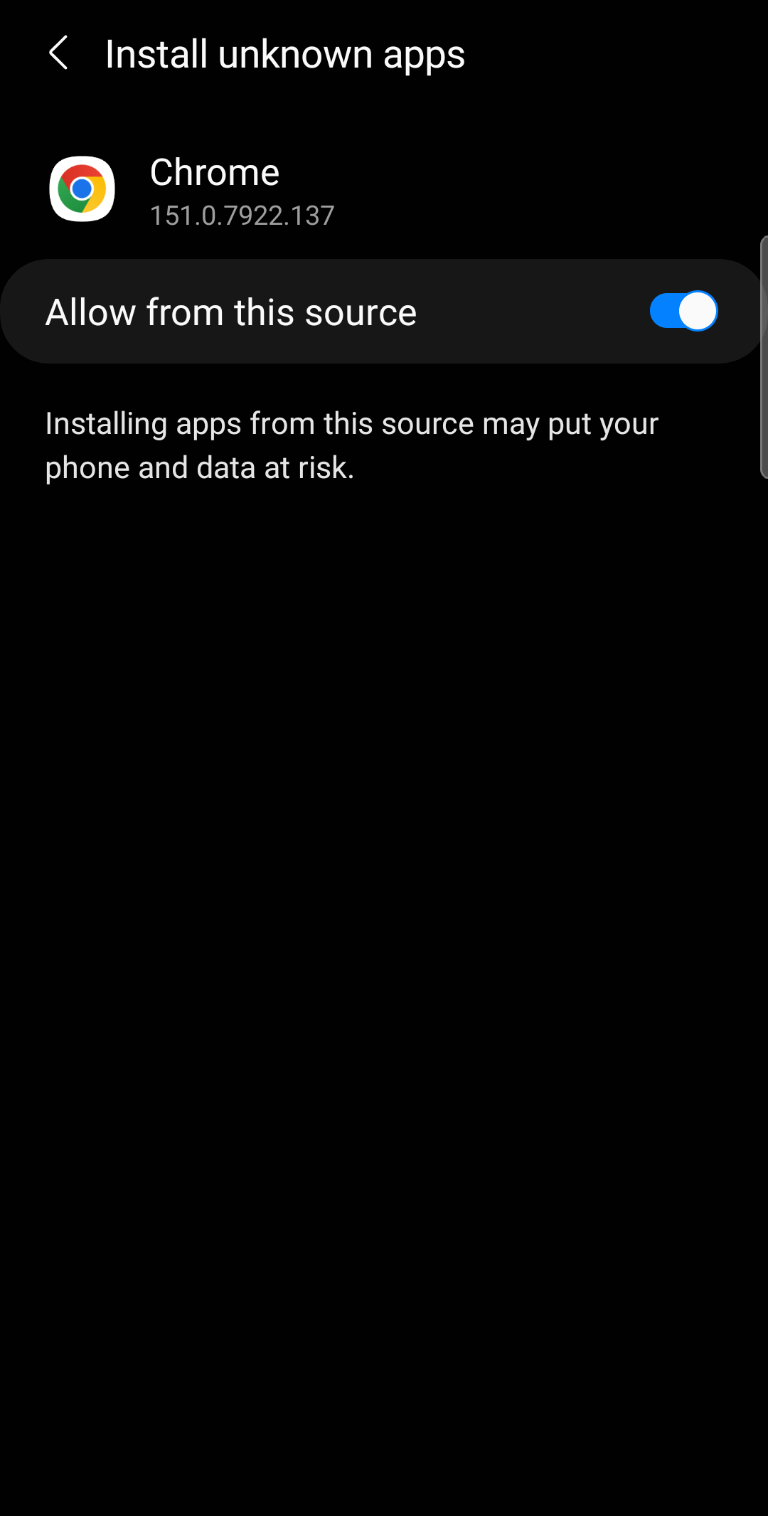 Shaashadda Android ee “Ku rakib abka aan la aqoon” ee Chrome, iyadoo “Ka ogolow ishaan” la shidey.